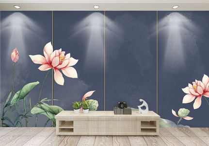 新中式手绘荷花电视背景墙高清图片