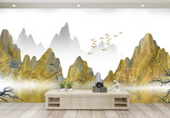 中国金色风山水画背景墙图片