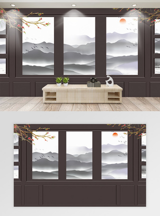 新中式山水浮雕效果背景墙设计图片