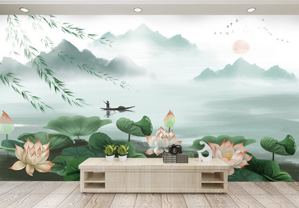 中国风复古油画荷花背景墙高清图片