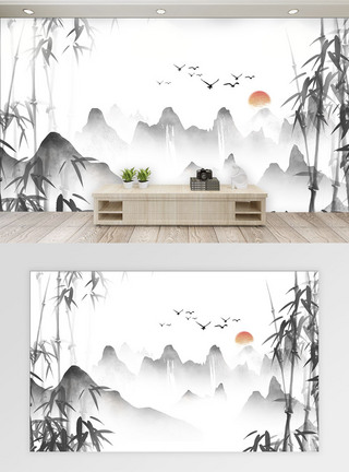 竹木板新中式水墨竹山水画中国风电视背景墙模板