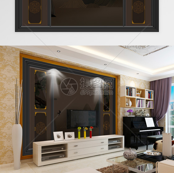 中式山水浮雕电视背景墙图片