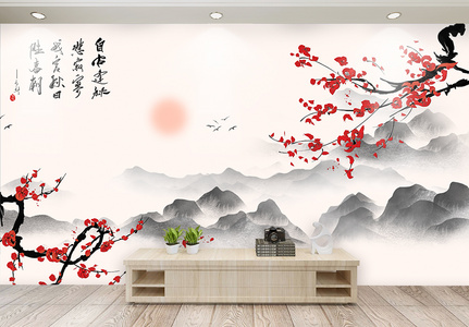 中式风红色梅花山水意境背景墙高清图片