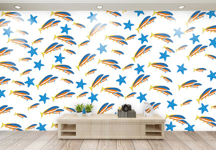 儿童海洋动物客厅背景墙高清图片