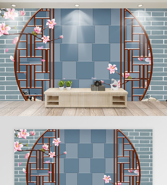 新中式玉兰花浮雕效果背景墙图片