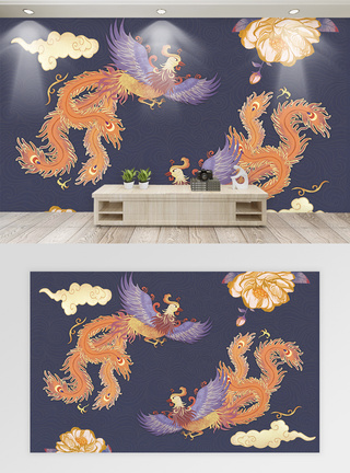 中式古典凤凰背景墙图片