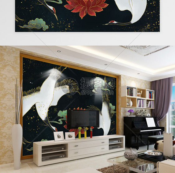 轻奢中国风仙鹤与红莲电视背景墙图片