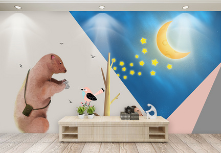 儿童房卡通小熊星星背景墙图片