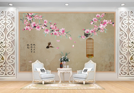 桃花飞鸟中式背景墙图片