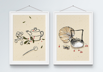 古典水墨饮茶插画装饰画图片