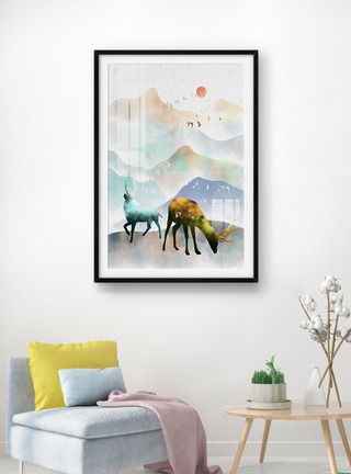 手绘水彩山水麋鹿装饰画图片