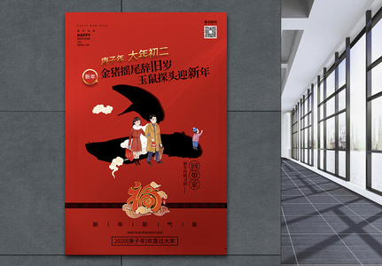 红色鼠年新年习俗之年初二回娘家海报图片