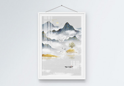 手绘新中式抽象意境山水装饰画图片