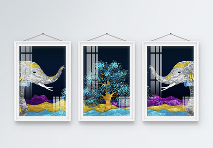 手绘质感珐琅彩大象金树装饰画图片