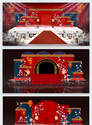 中式婚礼效果图红色大气婚礼背景墙效果图模板模板