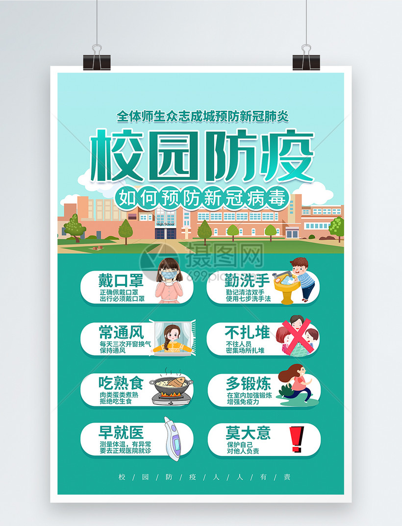 卡通校园防疫指南海报