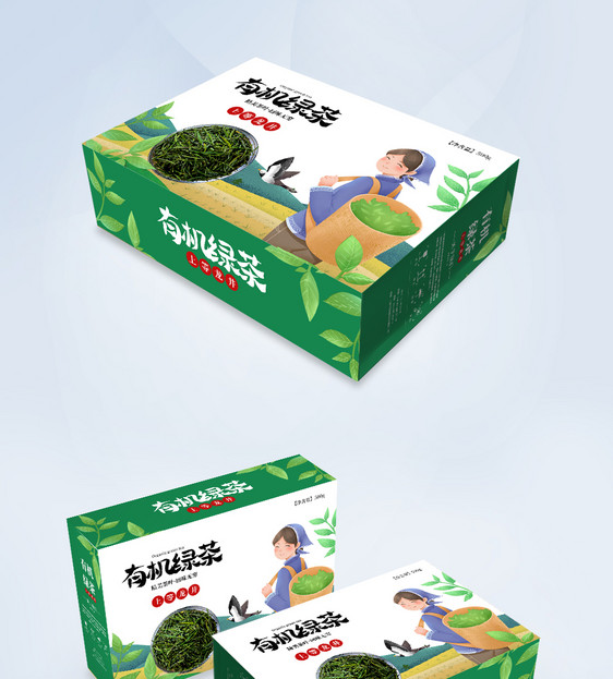 插画风绿色茶叶礼盒包装图片