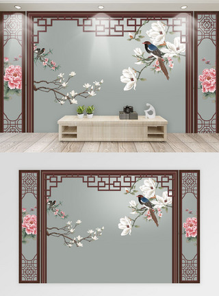 中式客厅新中式素雅花鸟墙纸模板