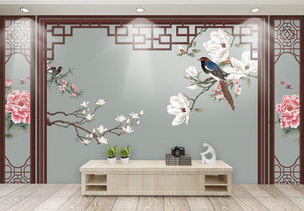 新中式素雅花鸟墙纸高清图片