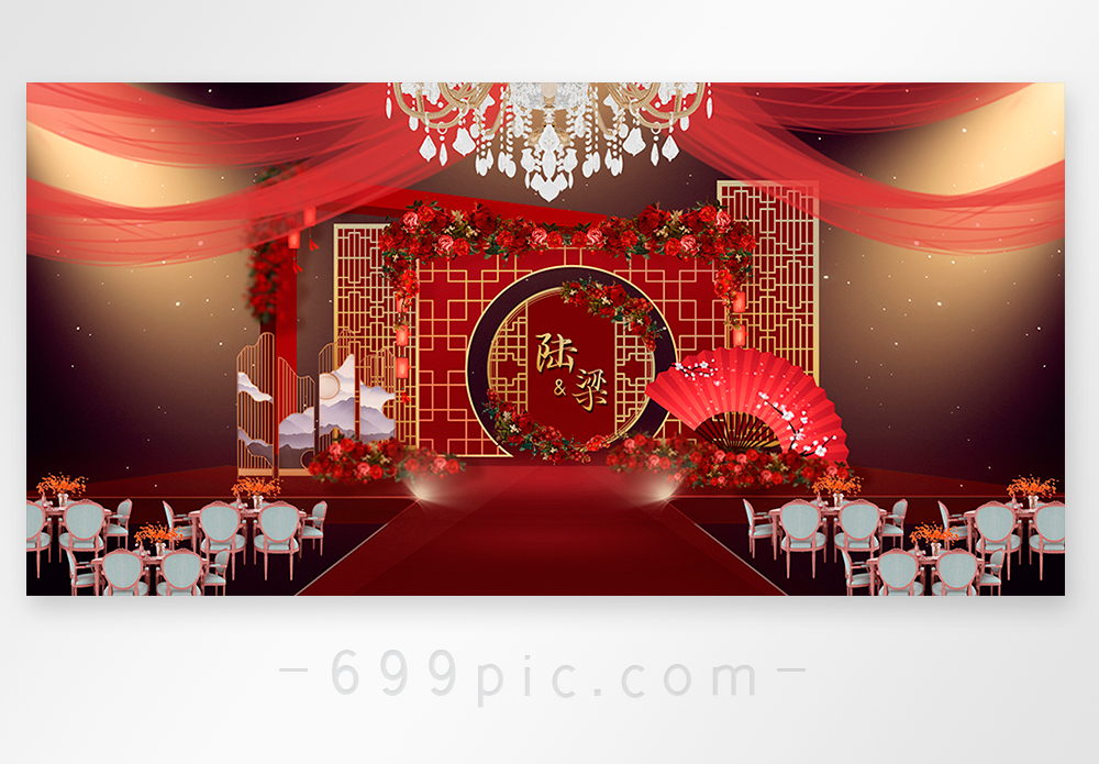 红色喜庆中国风新中式婚礼效果图图片素材