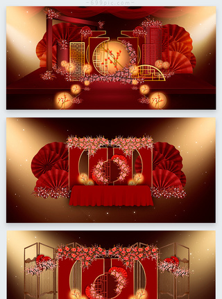 会场布置效果图红色中式传统中国风婚礼婚庆会场效果图模板
