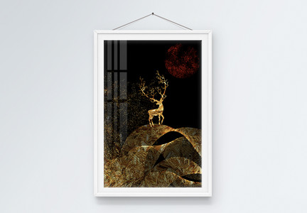 抽象烁金后现代鎏金金箔鹿动物山脉肌理装饰画图片