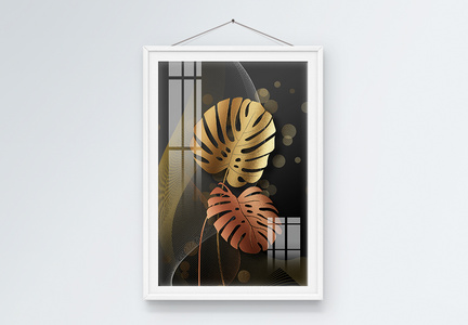 轻奢抽象金色质感龟背竹装饰画图片