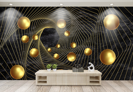 3D空间3D球金箔鎏金烁金球高档奢华几何形圆形球空间抽象图片
