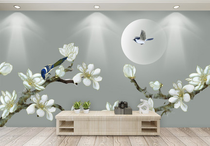 新中式玉兰花中式背景墙图片