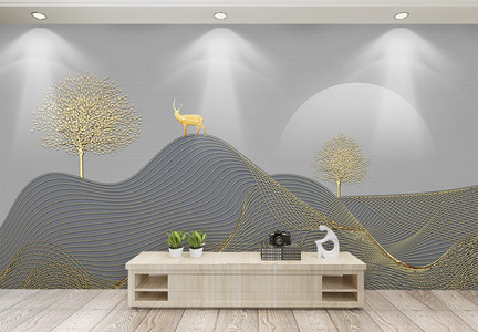 简约抽象线条山水麋鹿装饰画图片