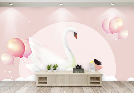 粉色简约手绘卡通儿童房背景墙图片
