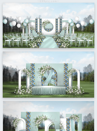 草坪婚礼白绿色摩洛哥风格婚礼效果图模板
