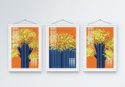 抽象爱马仕橙金色树叶装饰画图片