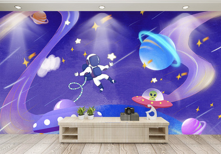 梦幻太空男孩房背景墙图片