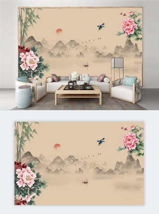 壁纸壁画新中式花鸟牡丹壁画背景墙模板
