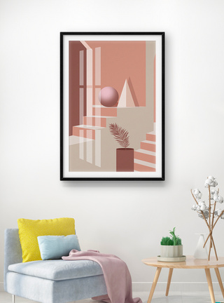 现代莫兰迪粉色系立体空间几何客厅装饰画图片