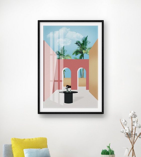 北欧粉色系小清新建筑空间客厅装饰画图片