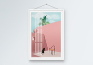 现代几何立体建筑椰子树客厅装饰画图片