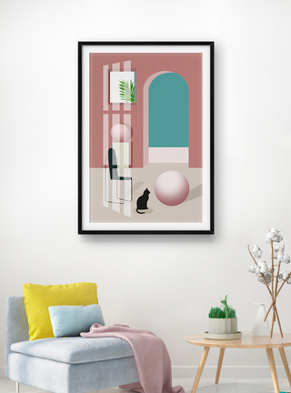 现代莫兰迪粉色立体空间几何客厅装饰画图片