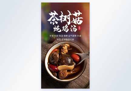 茶树菇炖鸡汤滋补养生汤摄影海报图片