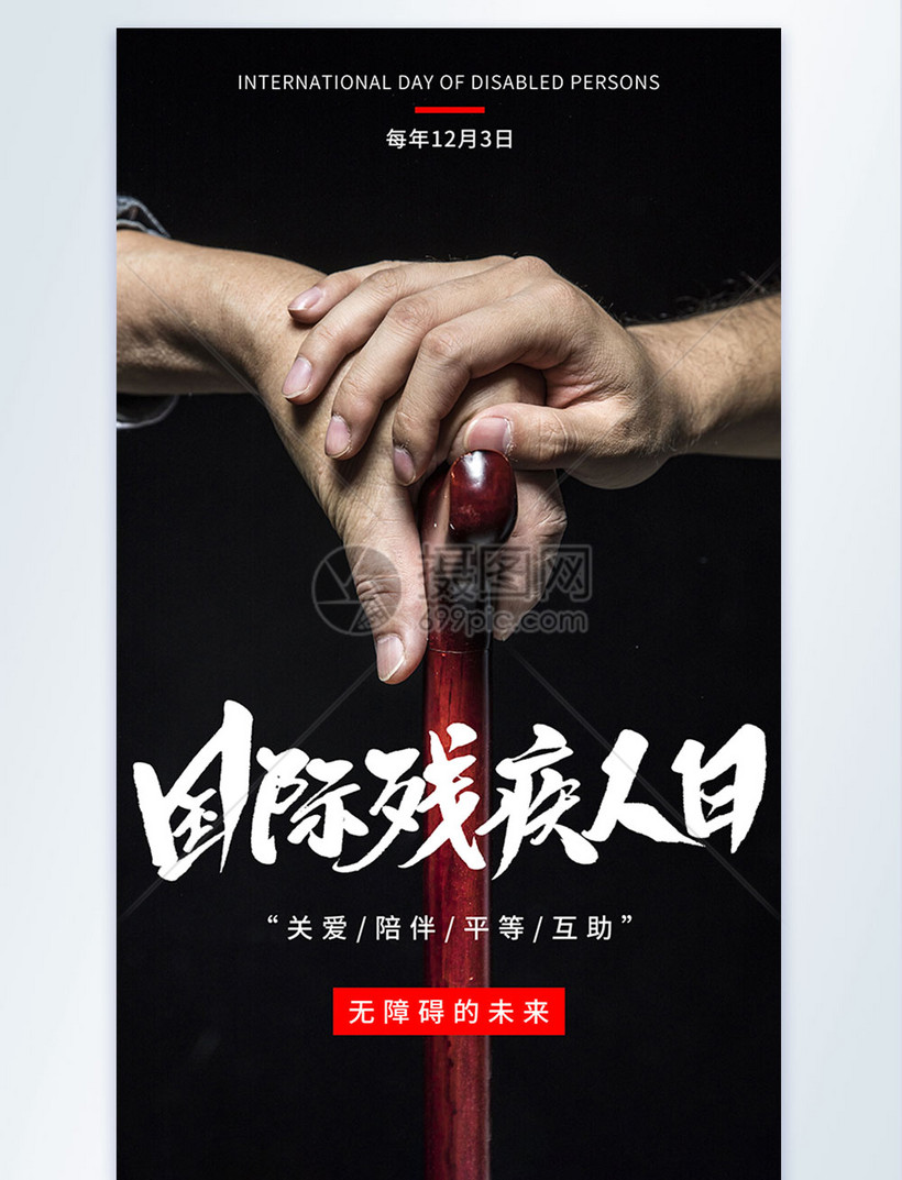 黑色国际残疾人日摄影图海报