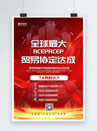 红色大气全球最大自贸协定RCEP签订成功宣传海报图片