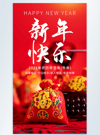 香包红色喜庆2021年新年快乐摄影图海报模板