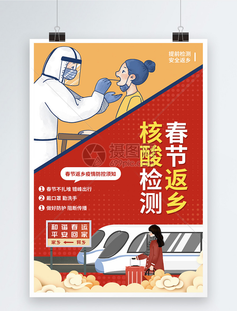 红色春运返乡核酸检测宣传海报