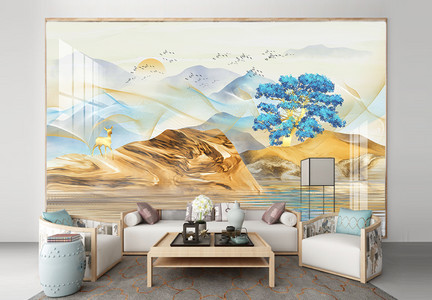 新中式手绘意境抽象山水画背景墙图片