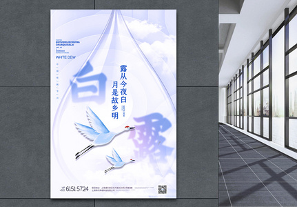 二十四节气之白露节气白色唯美中国风创意海报图片