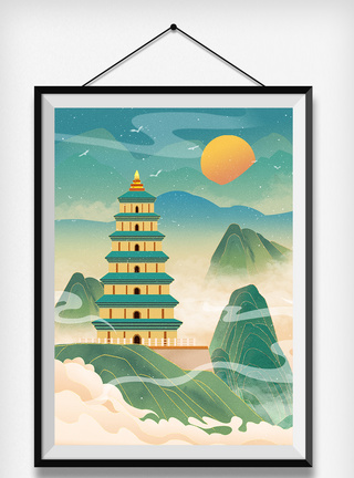 中国风古风国潮山水建筑插画中国山水高清图片素材