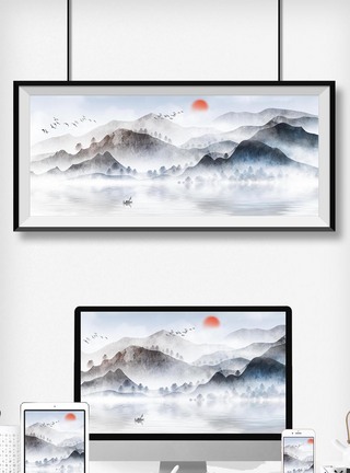 手绘中国风意境水墨山水画新中式背景插画图片
