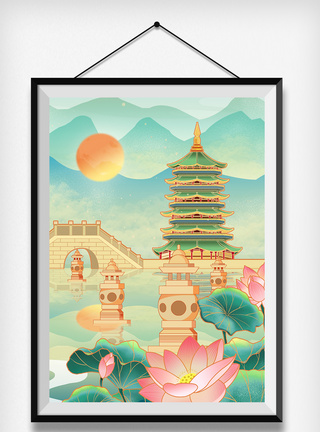 国潮中国风古风山水建筑雷峰塔插画图片