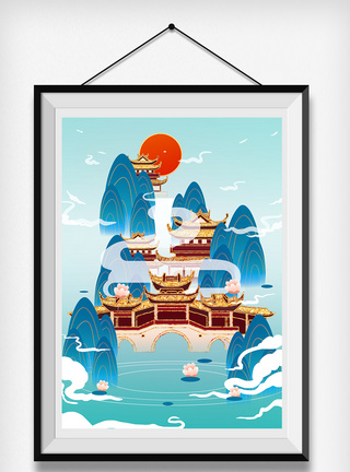 蓝金色中国风苏州园林建筑插画图片